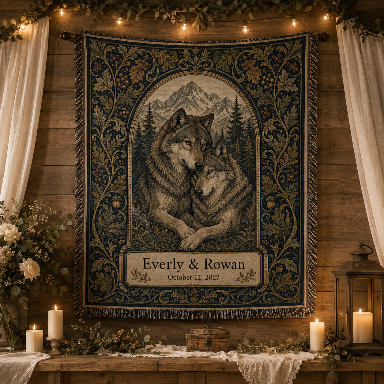 Personalized wolf wedding woven blanket displayed as rustic wall decor