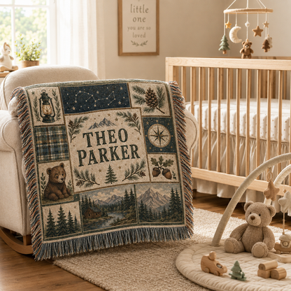Personalized woodland adventure woven blanket styled beside a crib in a cozy nursery