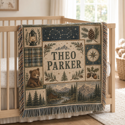 Personalized woodland adventure woven blanket with custom name, bear, compass, lantern, pine trees and mountain cabin