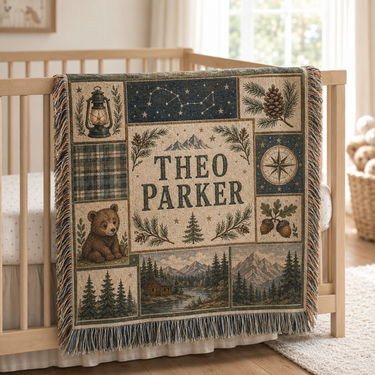 Personalized woodland adventure woven blanket with custom name, bear, compass, lantern, pine trees and mountain cabin
