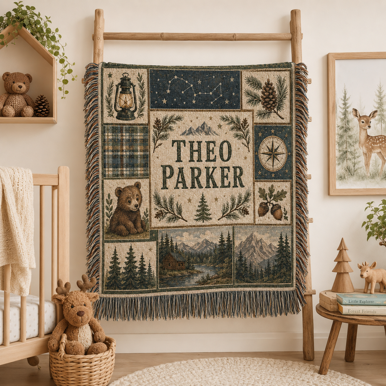 Custom name woodland adventure woven blanket displayed on a nursery blanket ladder
