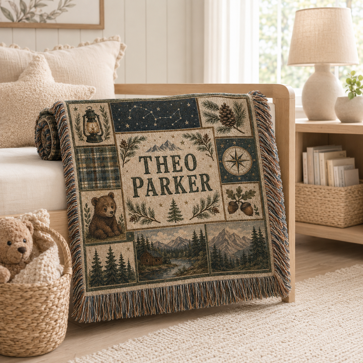 Personalized woodland woven blanket draped over a light wood nursery bench