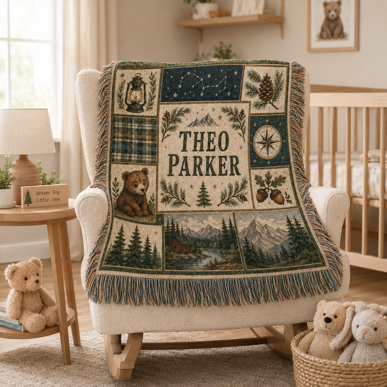 Personalized woodland woven blanket displayed on a nursery rocking chair