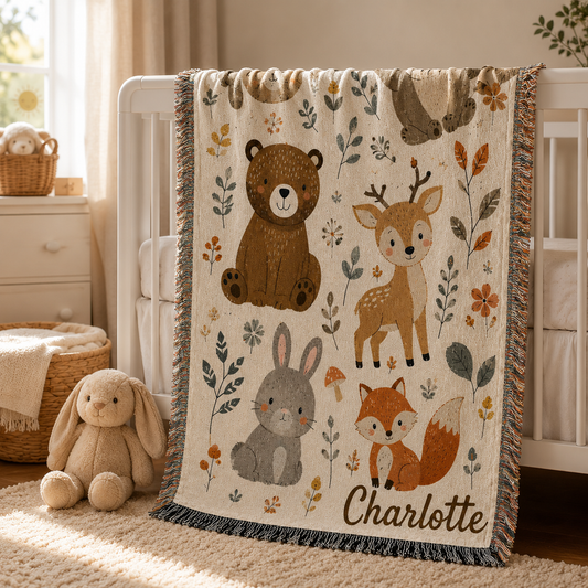 Personalized woodland animals woven blanket with child name Charlotte displayed on nursery crib