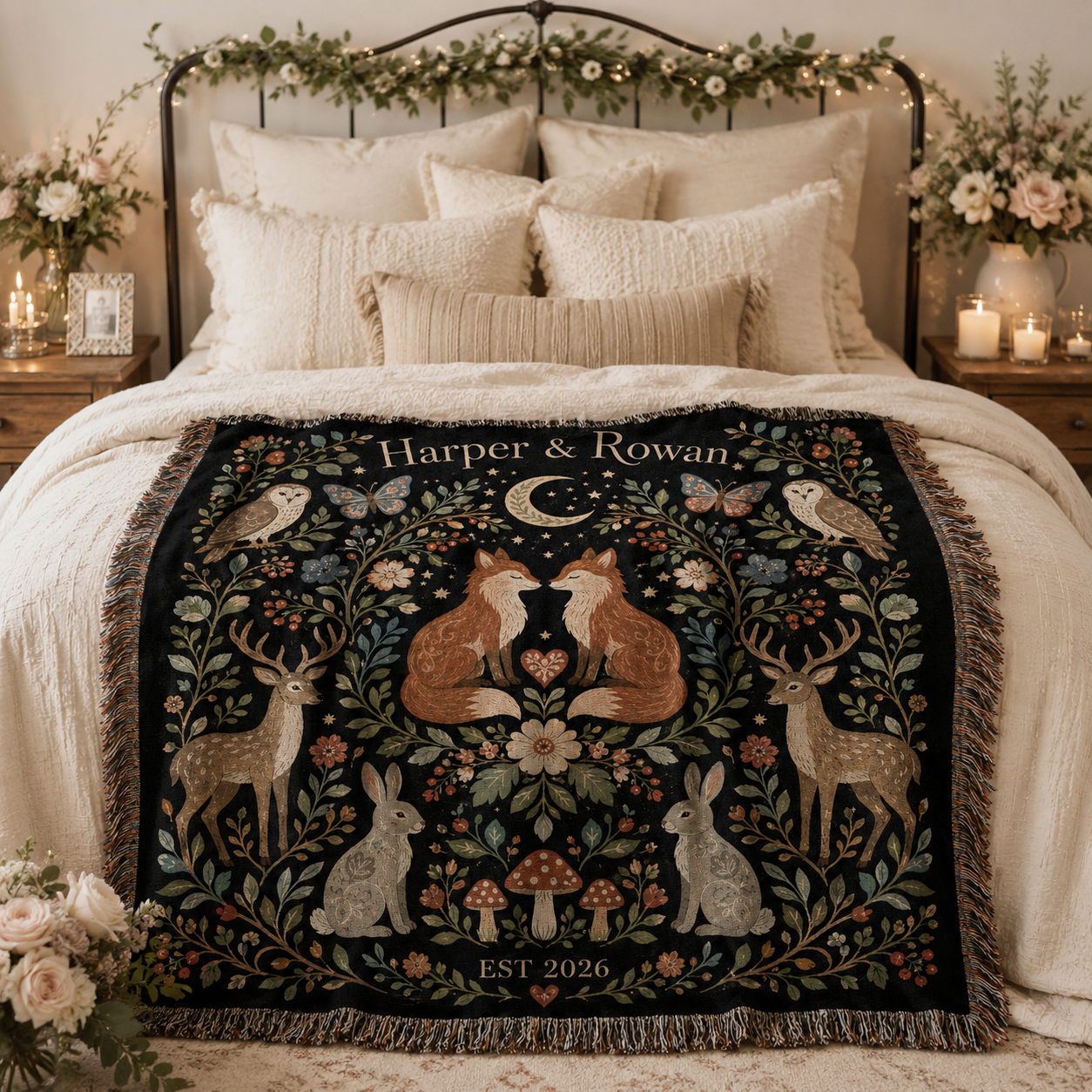 Personalized woodland fox wedding woven blanket styled across a romantic bedroom bed