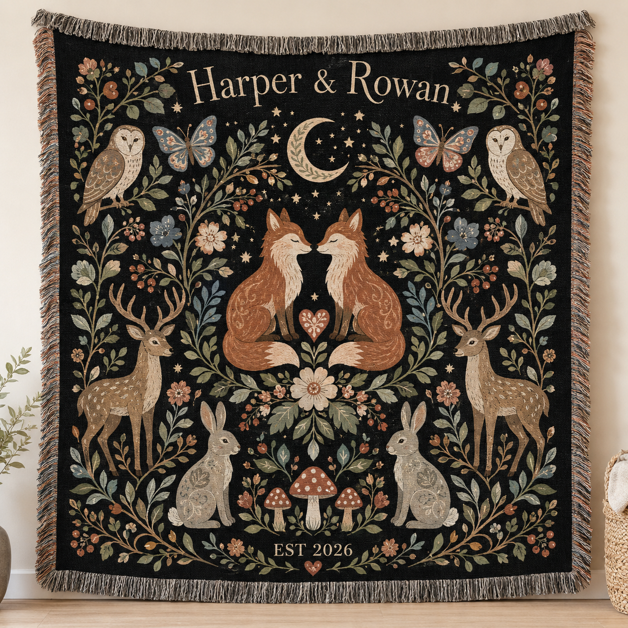 Personalized woodland fox wedding woven blanket with Harper and Rowan names and EST 2026