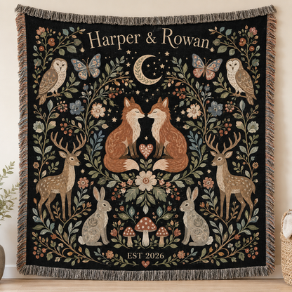 Personalized woodland fox wedding woven blanket with Harper and Rowan names and EST 2026