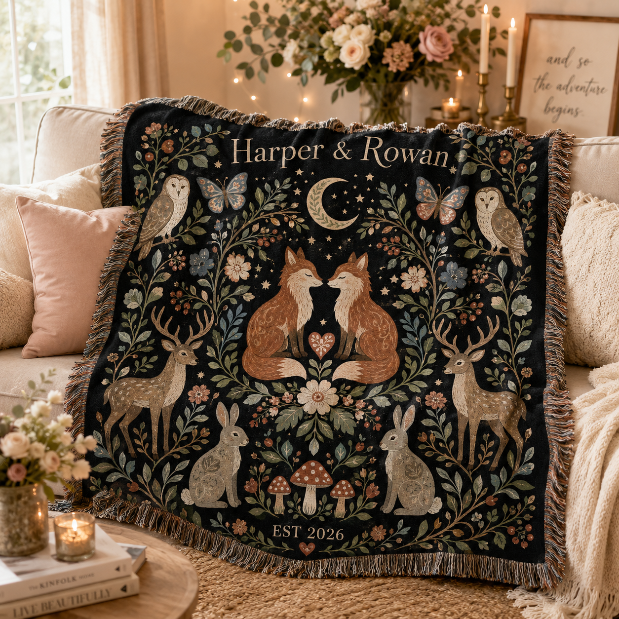 Personalized woodland fox wedding woven blanket softly draped on a romantic neutral sofa
