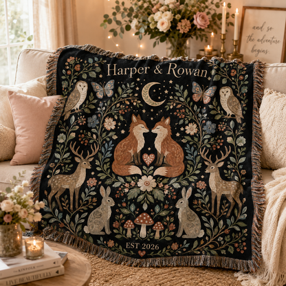 Personalized woodland fox wedding woven blanket softly draped on a romantic neutral sofa