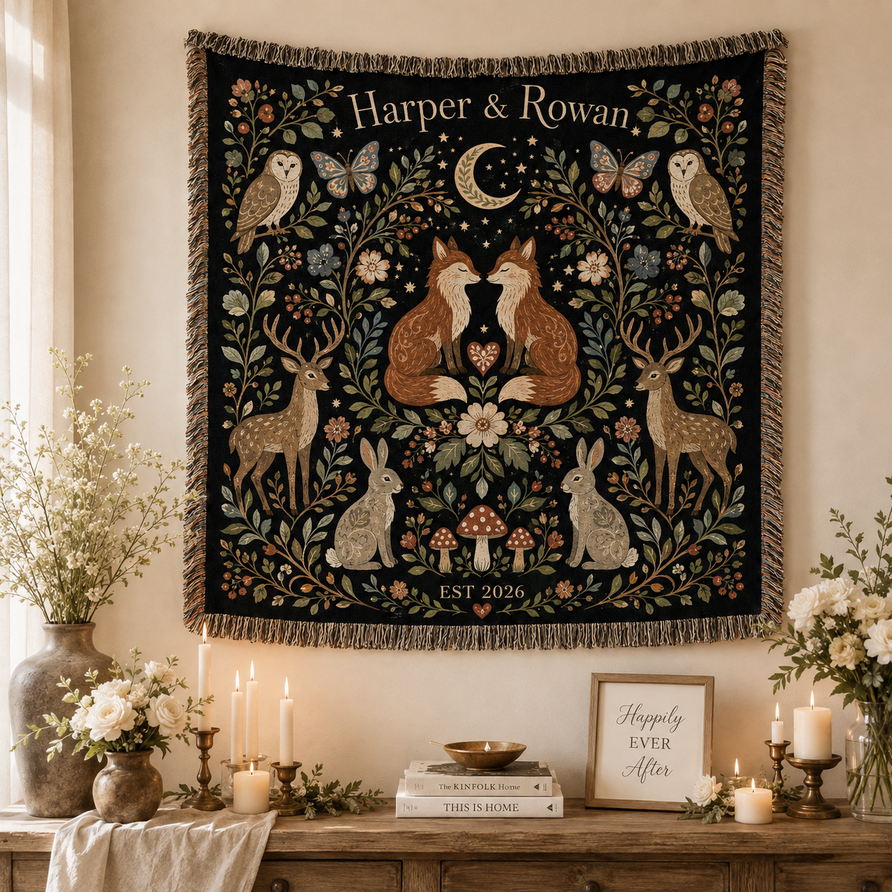 Personalized woodland fox wedding woven blanket displayed as romantic textile wall decor