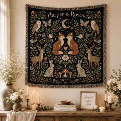 Personalized woodland fox wedding woven blanket displayed as romantic textile wall decor