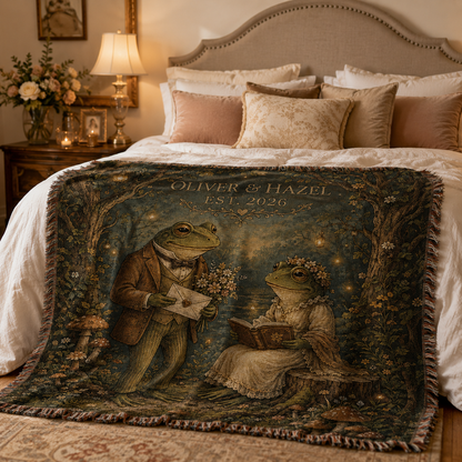Personalized woodland frog wedding woven blanket styled across a romantic bedroom bed