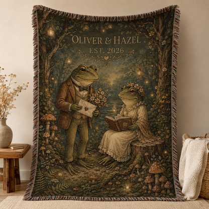 Personalized woodland frog wedding woven blanket with Oliver and Hazel, EST. 2026