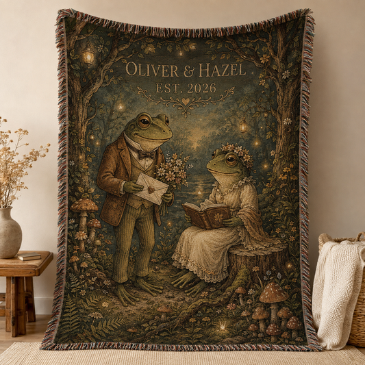 Personalized woodland frog wedding woven blanket with Oliver and Hazel, EST. 2026
