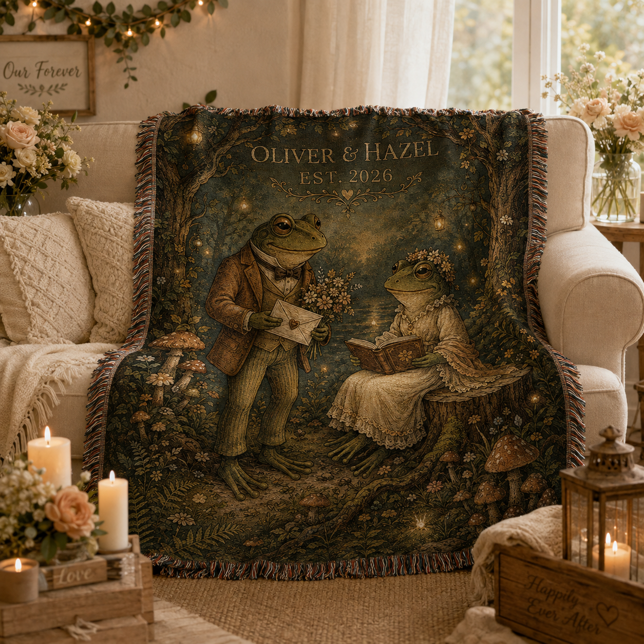 Personalized woodland frog wedding woven blanket softly draped on a romantic sofa