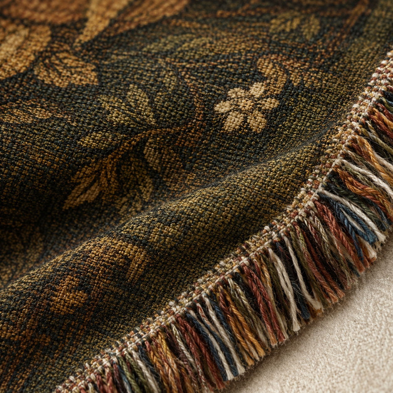Macro detail of woodland frog wedding woven blanket showing woven texture and multicolor fringe