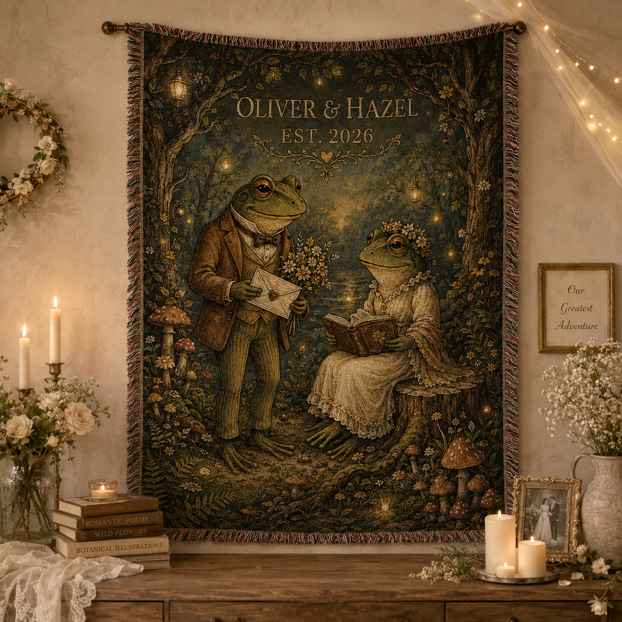Personalized woodland frog wedding woven blanket displayed as romantic wall decor
