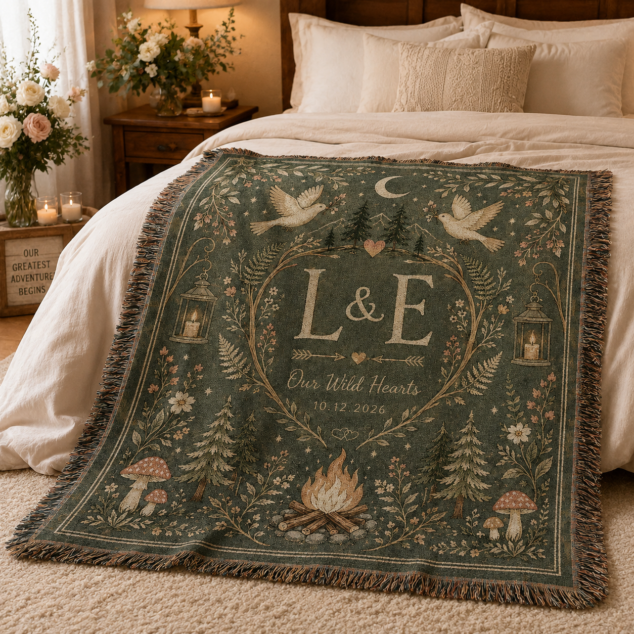 Personalized woodland wedding woven blanket styled across a romantic bedroom