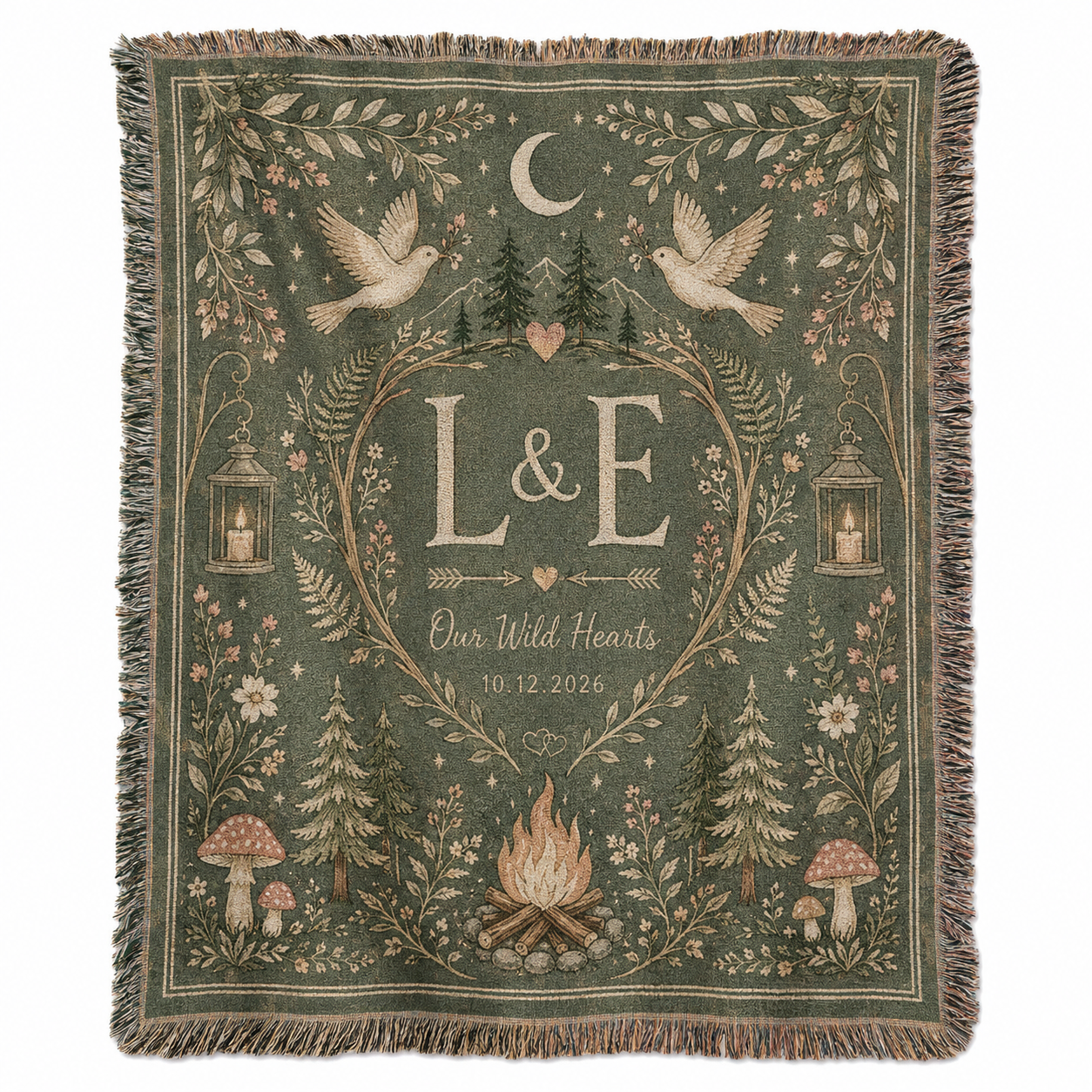 Personalized woodland wedding woven blanket with custom initials and date
