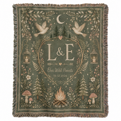 Personalized woodland wedding woven blanket with custom initials and date