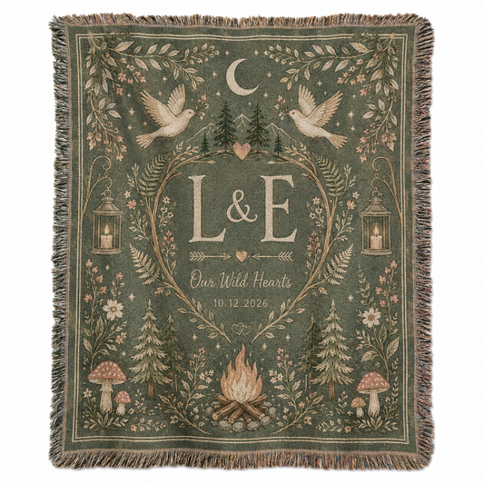 Personalized woodland wedding woven blanket with custom initials and date