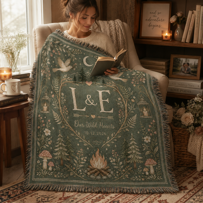 Personalized woodland wedding woven blanket used in a cozy reading nook