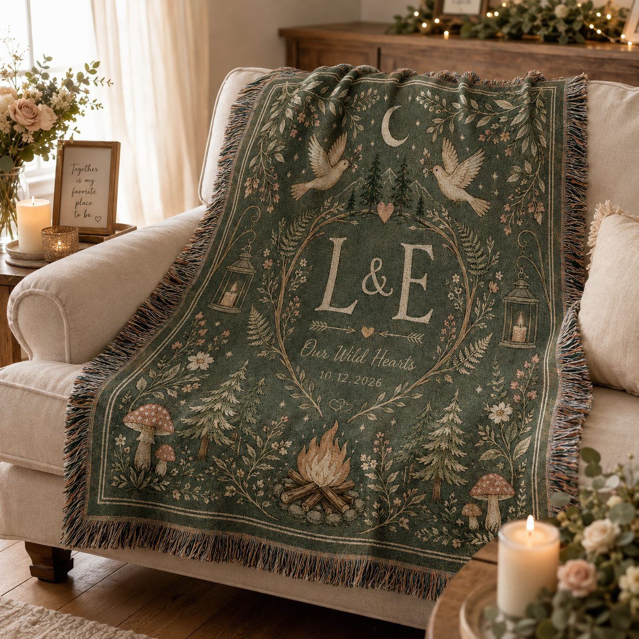 Personalized woodland wedding woven blanket softly draped on a neutral sofa