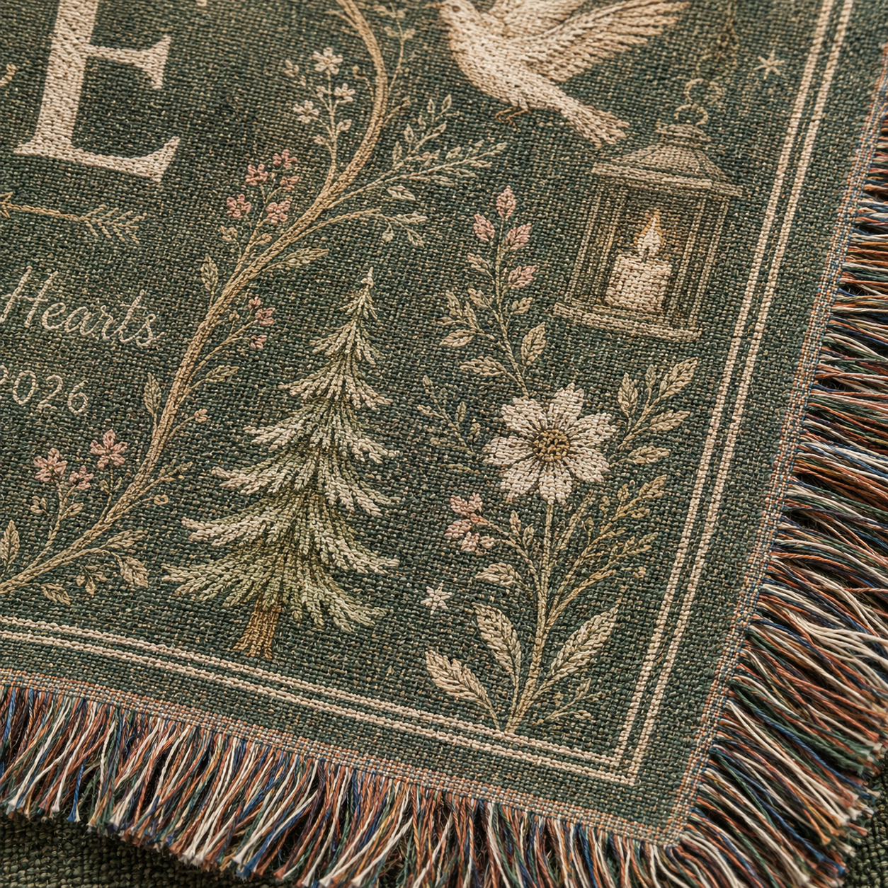 Macro close-up of woven texture and multicolor fringe on woodland wedding blanket