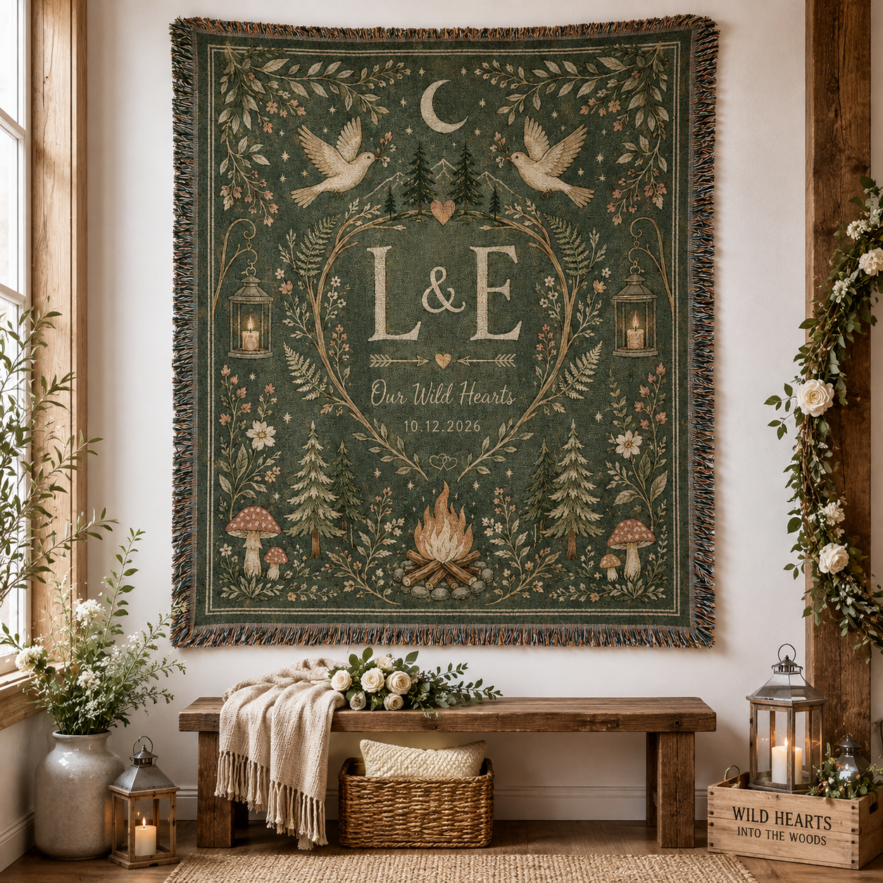 Personalized woodland wedding woven blanket displayed as textile wall decor