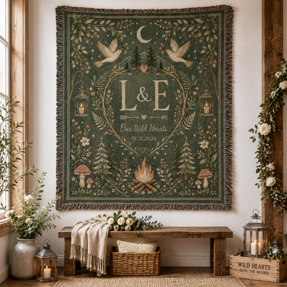 Personalized woodland wedding woven blanket displayed as textile wall decor