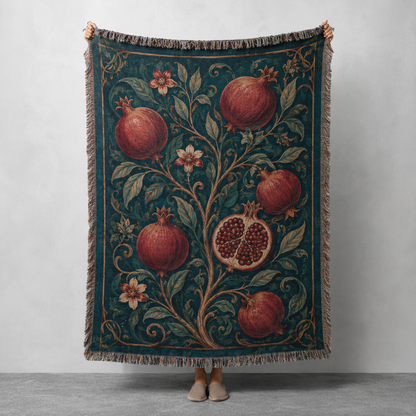 Vintage pomegranate botanical woven blanket with deep teal background and fringe