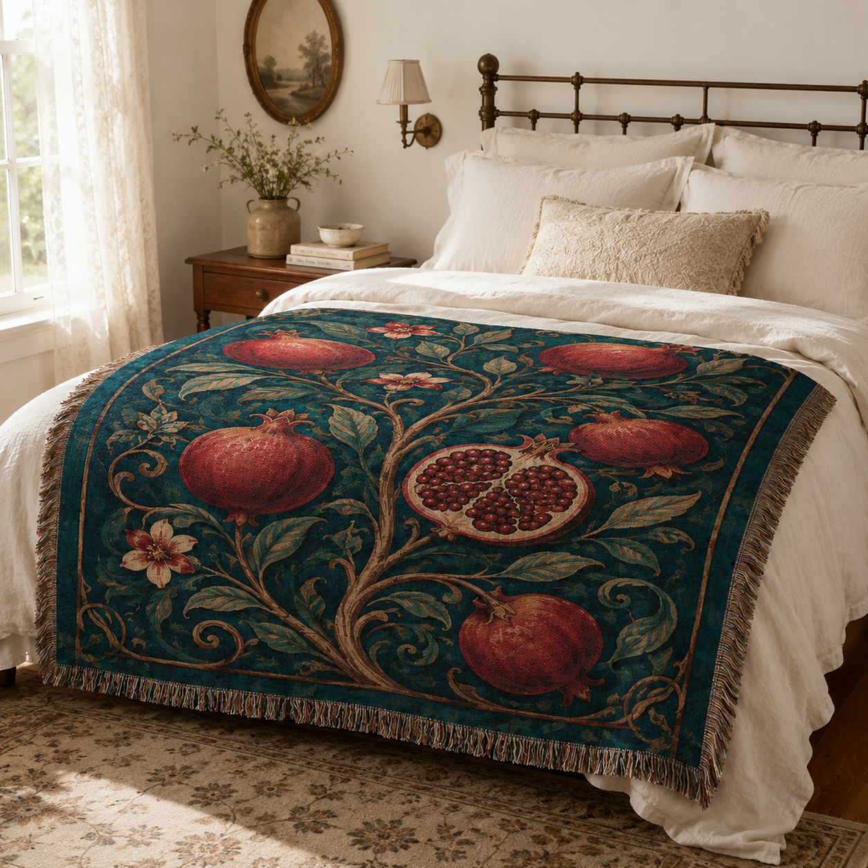 Pomegranate tapestry throw styled across a vintage bedroom bed