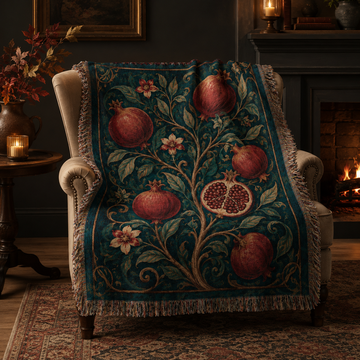 Pomegranate botanical tapestry blanket draped on an armchair by the fireplace