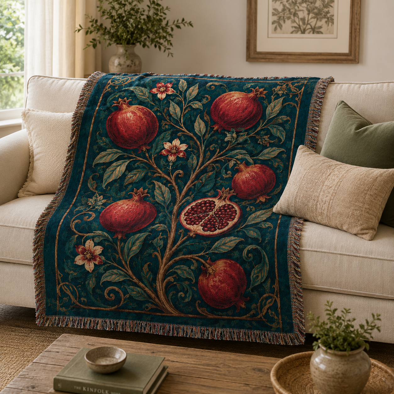 Pomegranate botanical woven blanket draped on a cream sofa