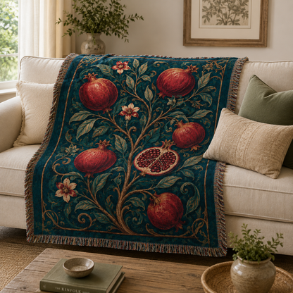 Pomegranate botanical woven blanket draped on a cream sofa