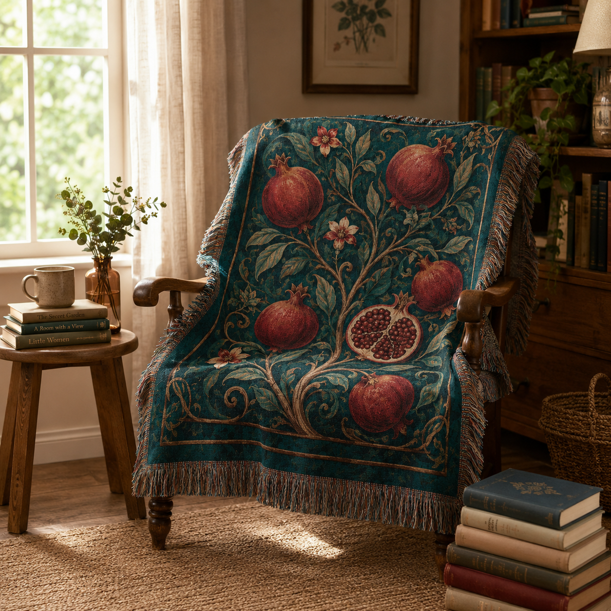 Pomegranate woven throw displayed on a wooden reading chair