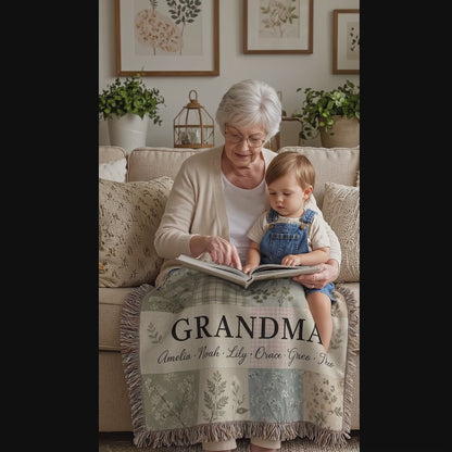 Personalized Grandma Meadow Patchwork Woven Blanket – Grandkids’ Names