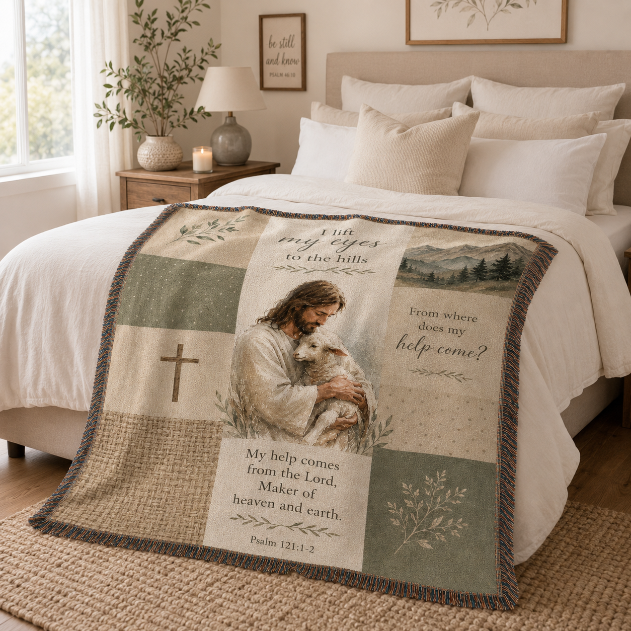 Psalm 121 Jesus and lamb woven blanket styled across a cozy neutral bed