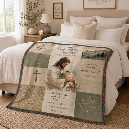Psalm 121 Jesus and lamb woven blanket styled across a cozy neutral bed