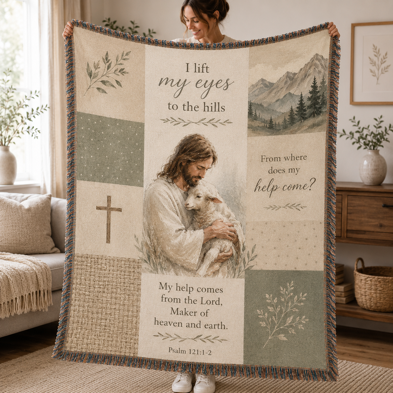 Psalm 121 Jesus holding lamb woven blanket with mountain and cross patchwork design