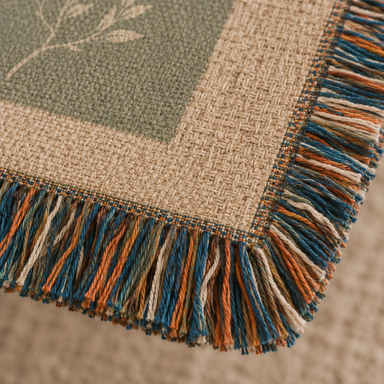 Macro close up of woven yarn texture and multicolor fringe on Psalm 121 blanket