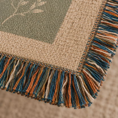 Macro close up of woven yarn texture and multicolor fringe on Psalm 121 blanket
