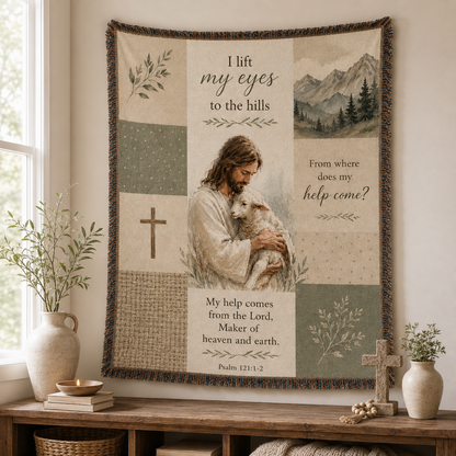 Psalm 121 Jesus and lamb woven blanket displayed as Christian wall tapestry decor