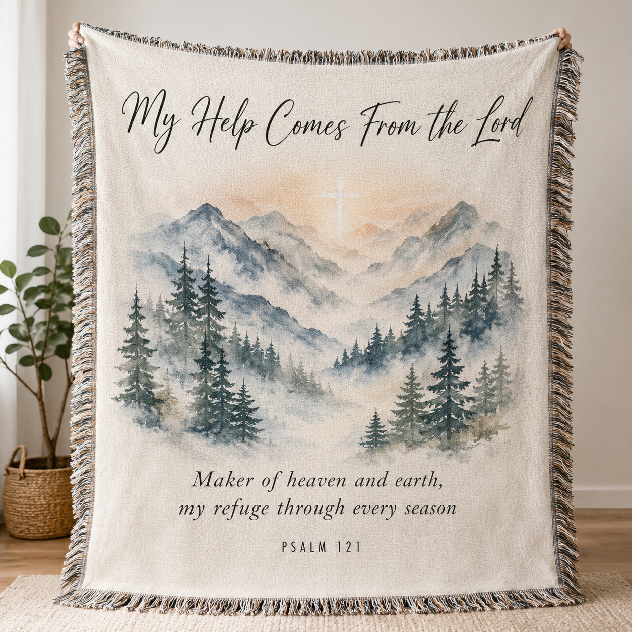 Psalm 121 My Help Comes From the Lord Christian mountain woven blanket with fringe