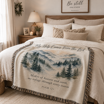 Psalm 121 My Help Comes From the Lord woven blanket styled on a cozy bed