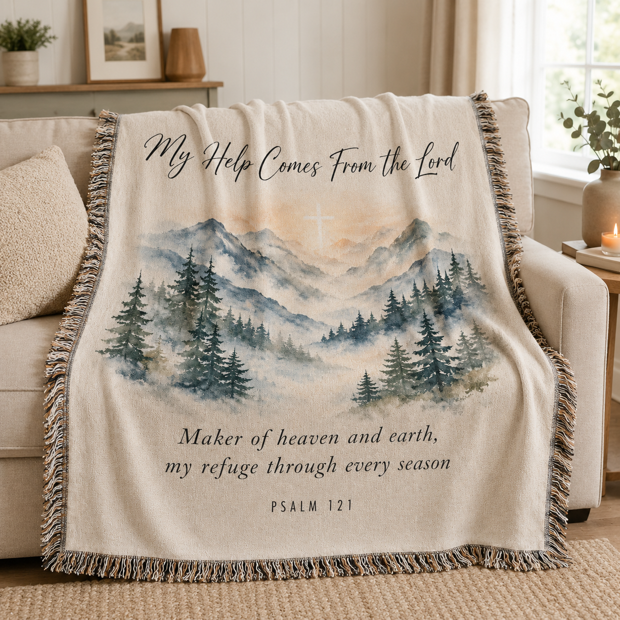 Psalm 121 Christian woven blanket softly draped over a neutral sofa