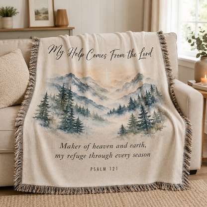 Psalm 121 Christian woven blanket softly draped over a neutral sofa