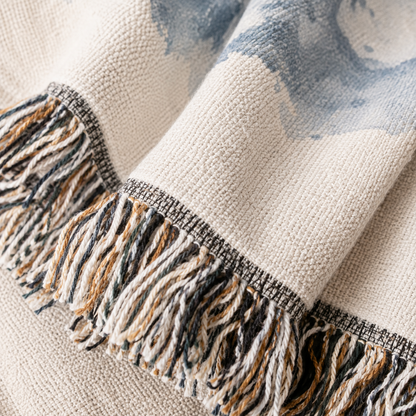 Macro close up of woven yarn texture and multicolor fringe on Psalm 121 blanket