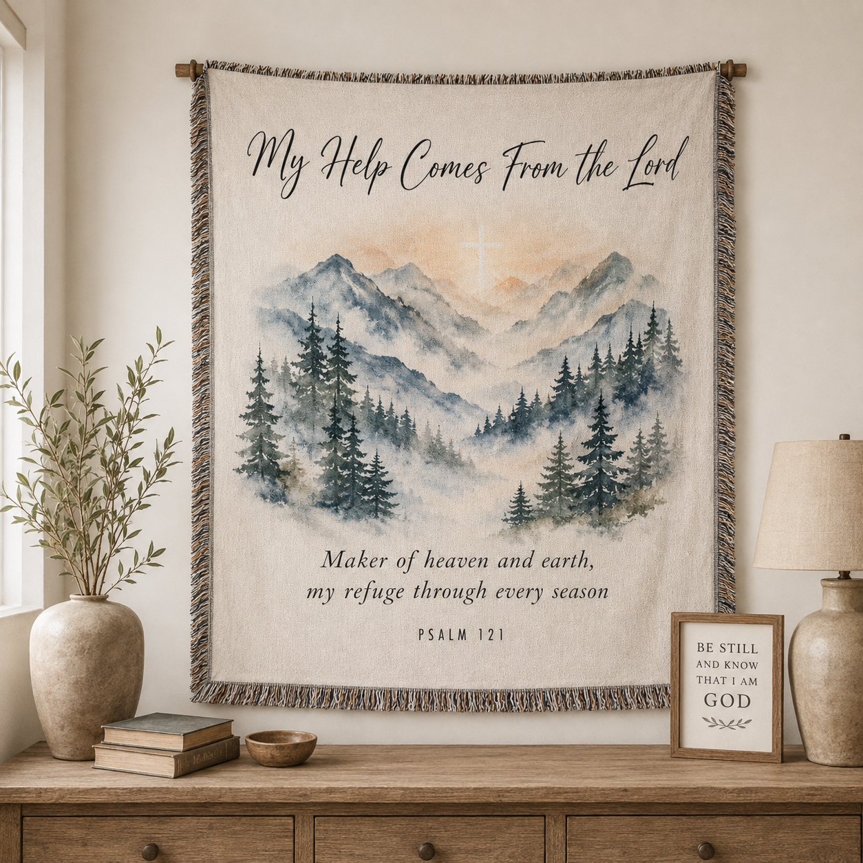 Psalm 121 Christian mountain woven blanket displayed as wall tapestry decor