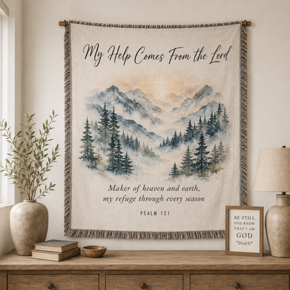 Psalm 121 Christian mountain woven blanket displayed as wall tapestry decor